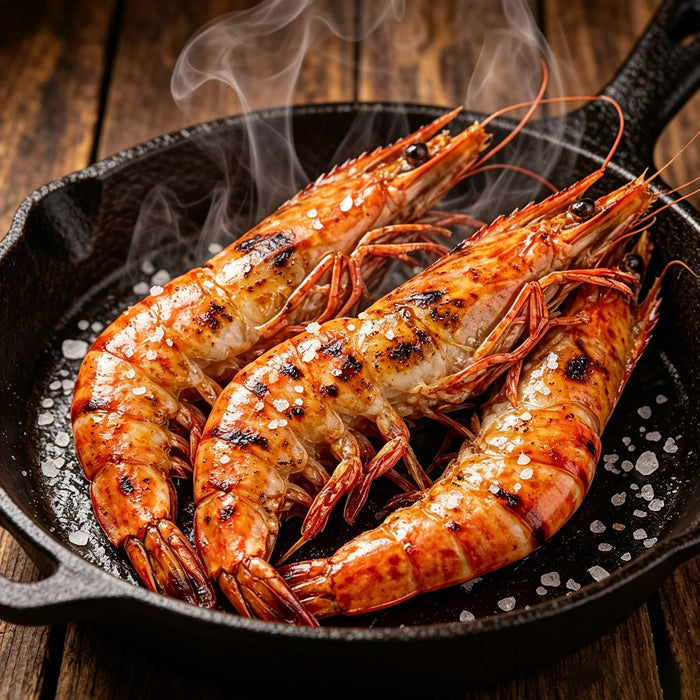 Giant tiger prawns searing in a cast iron pan