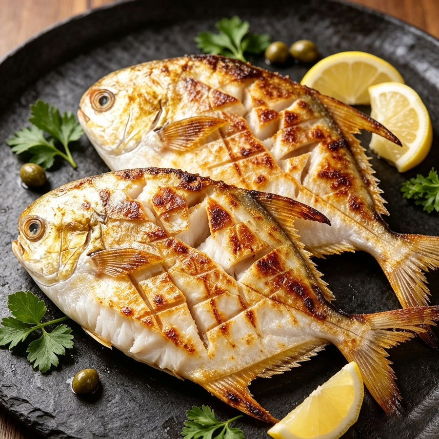 Two whole golden pomfret grilled and garnished with lemon