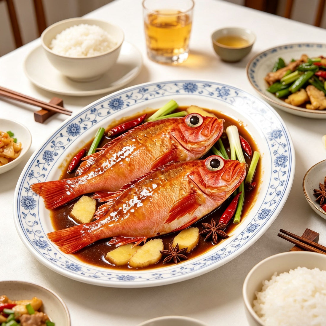 Whole red rockfish on a table spread with rice and side dishes