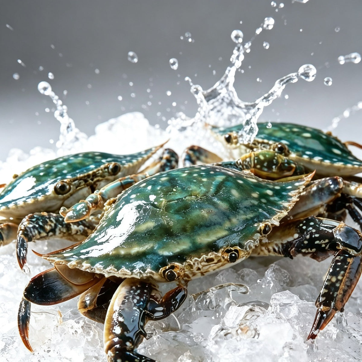 Blue swimming crabs on crushed ice with a spray of cold water
