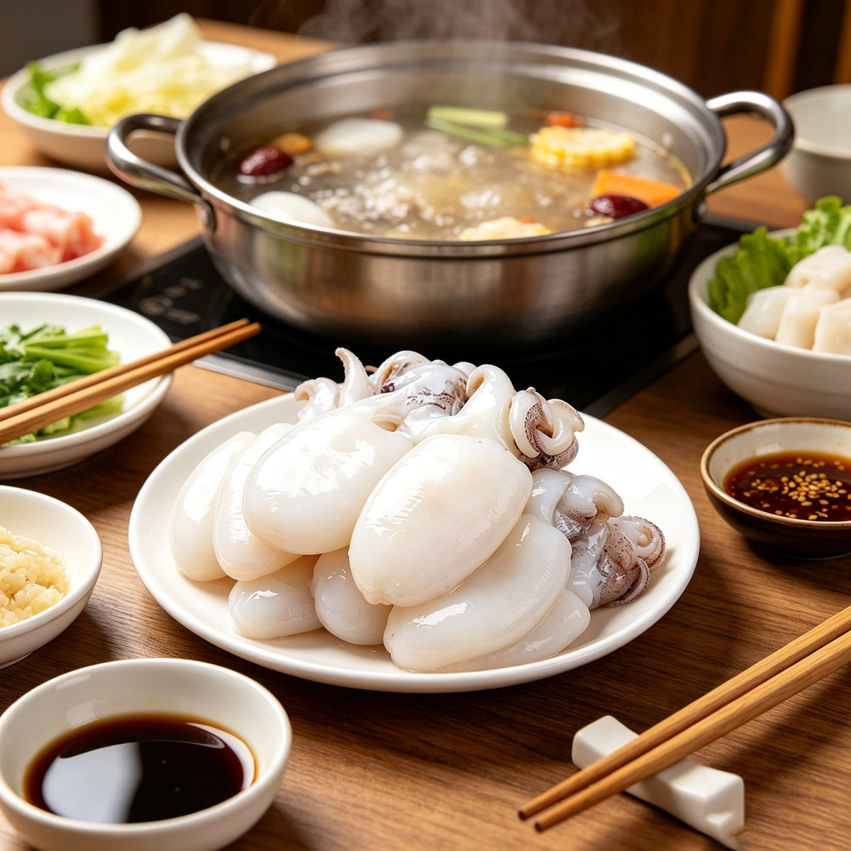 Small white cuttlefish beside a bubbling hot pot on a wooden table