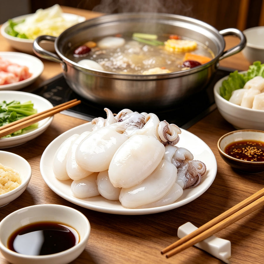 Small white cuttlefish beside a bubbling hot pot on a wooden table