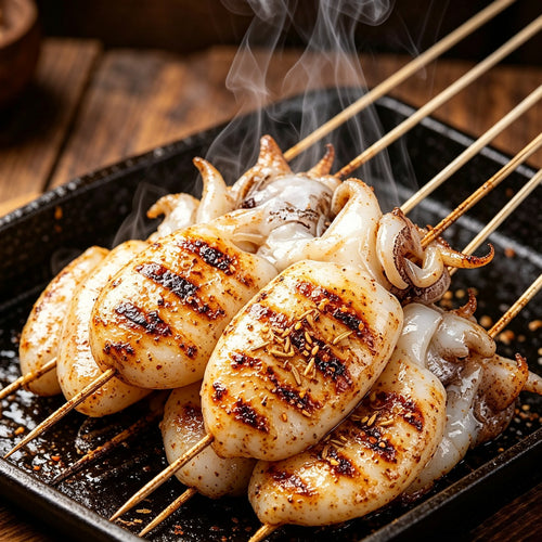 Charred cuttlefish skewers on a grill with smoke rising