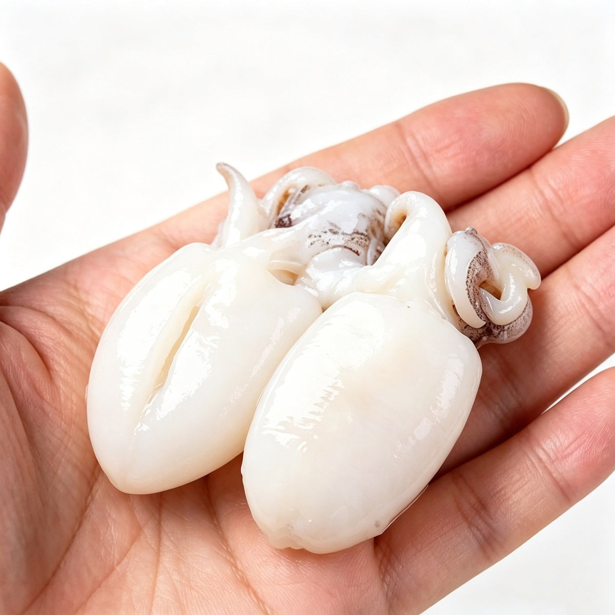Three baby cuttlefish resting in an open hand