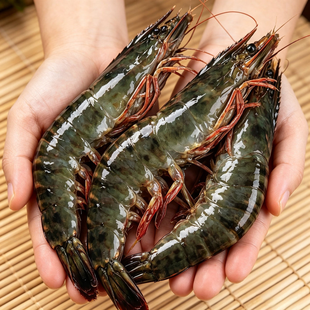 Three raw tiger prawns with black banding held in a hand