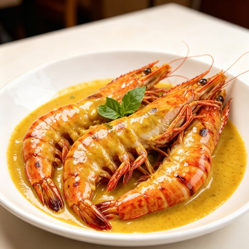 Cooked tiger prawns in a golden curry sauce on a white plate