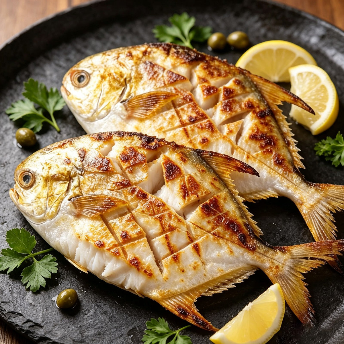 Two whole golden pomfret grilled and garnished with lemon