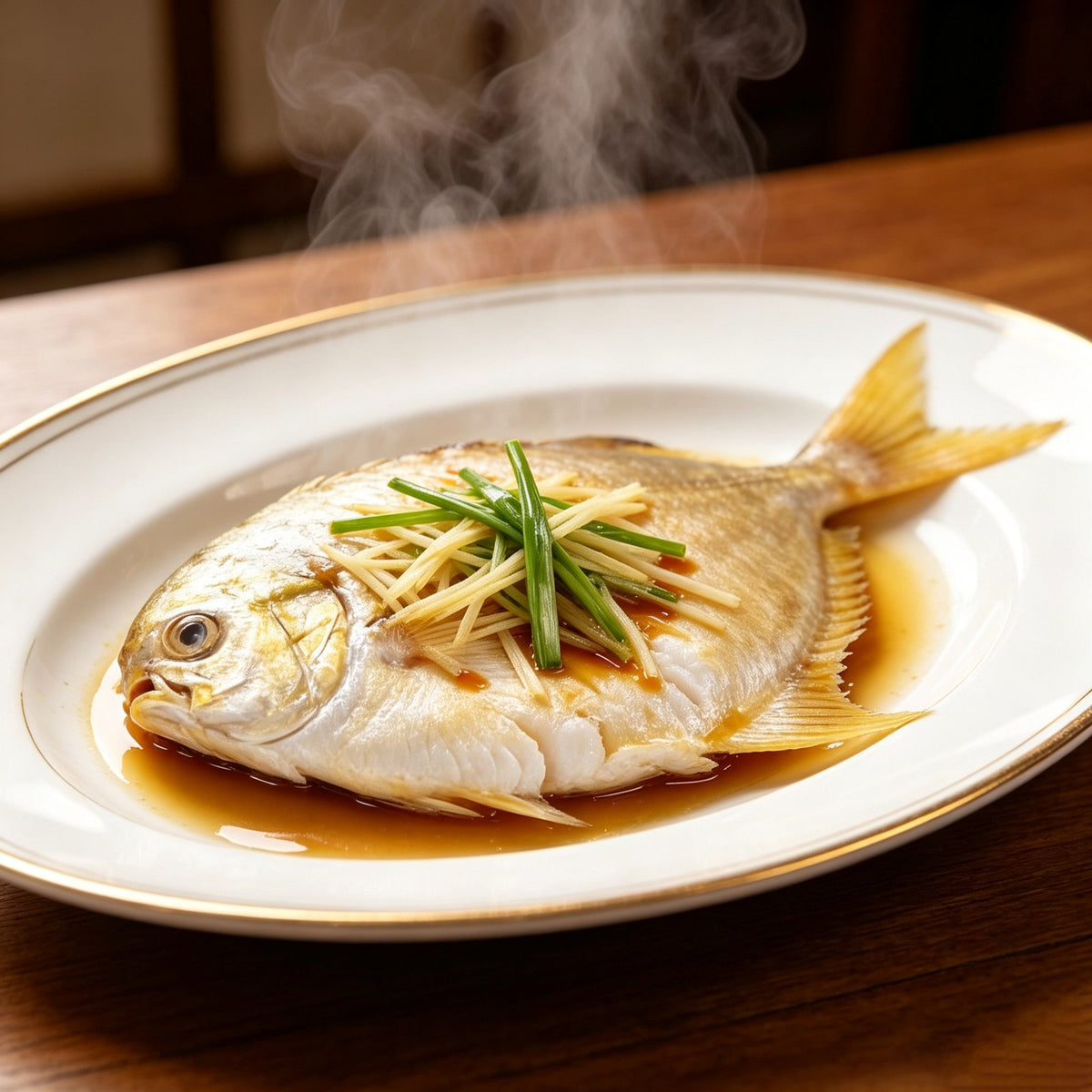 Steamed whole golden pomfret with ginger and spring onion on a white plate