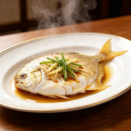 Steamed whole golden pomfret with ginger and spring onion on a white plate