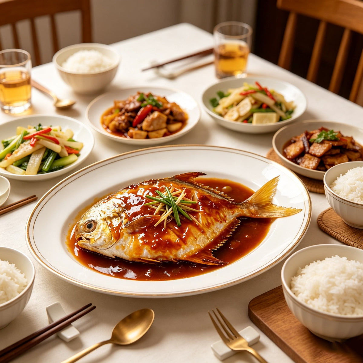 Braised golden pomfret on a dining table set with rice and side dishes