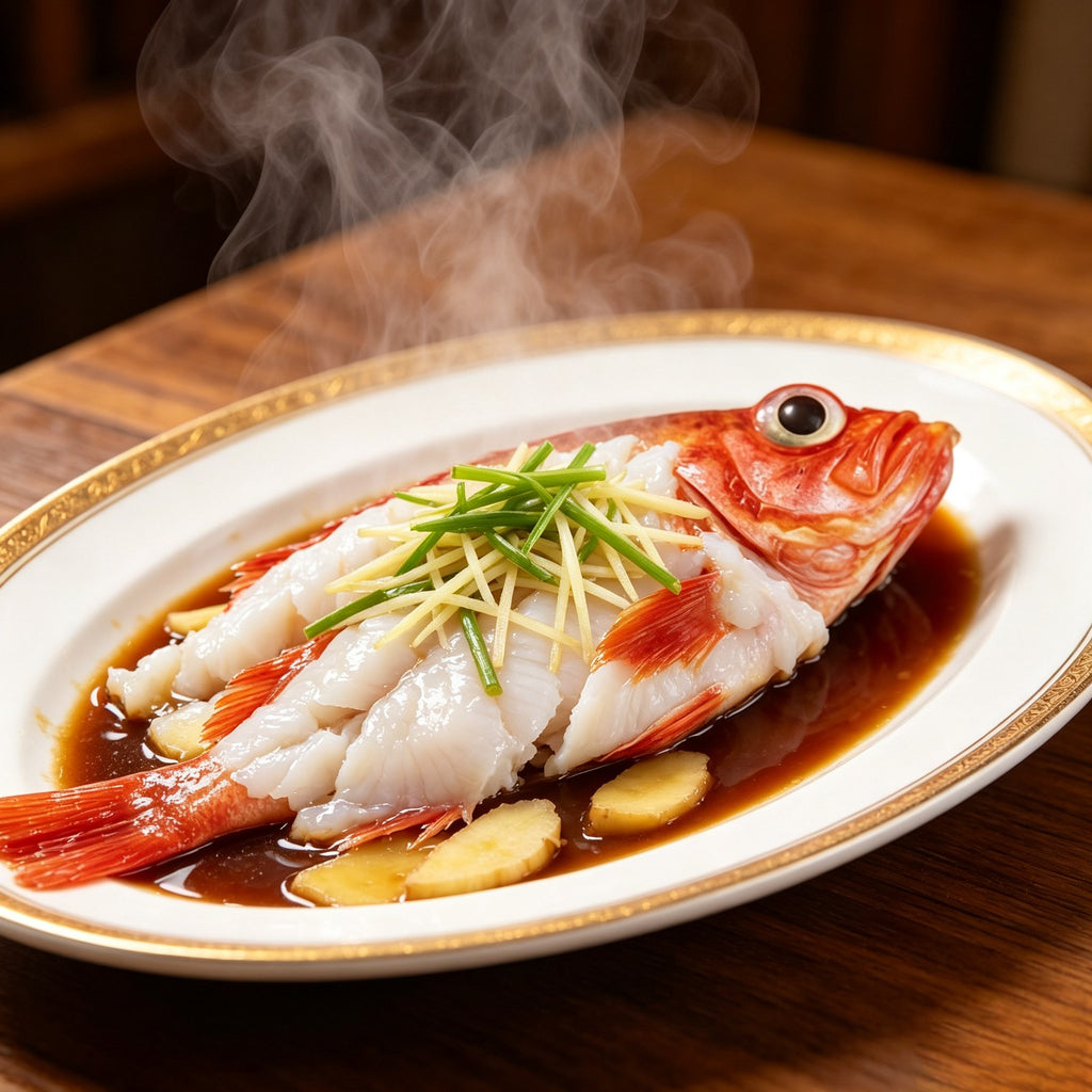 Braised red rockfish in dark sauce garnished with spring onion