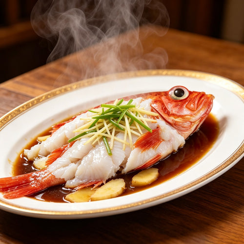 Braised red rockfish in dark sauce garnished with spring onion