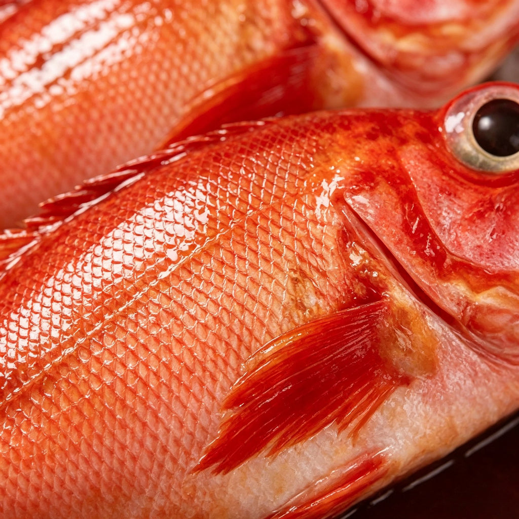 Close view of deep red rockfish skin and large round eye