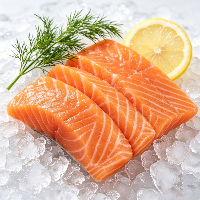 Three deep orange salmon portions on crushed ice with dill and lemon
