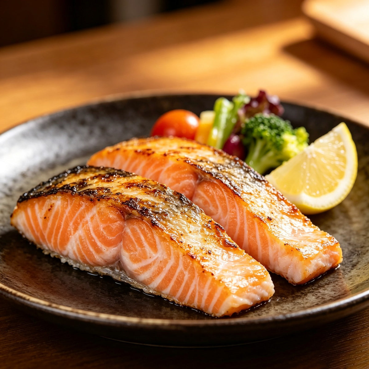 Pan-seared salmon fillet with crisp skin and vegetables