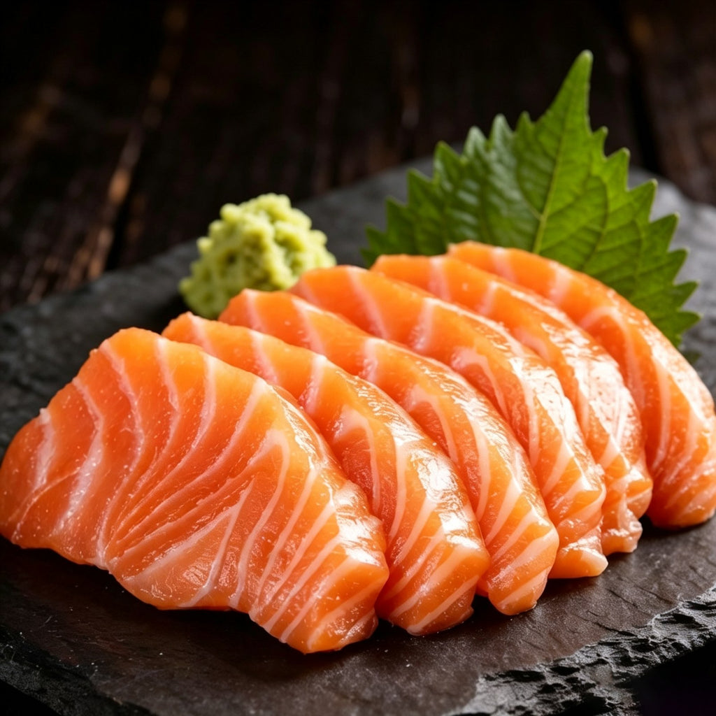 Sliced raw salmon arranged on a dark slate board