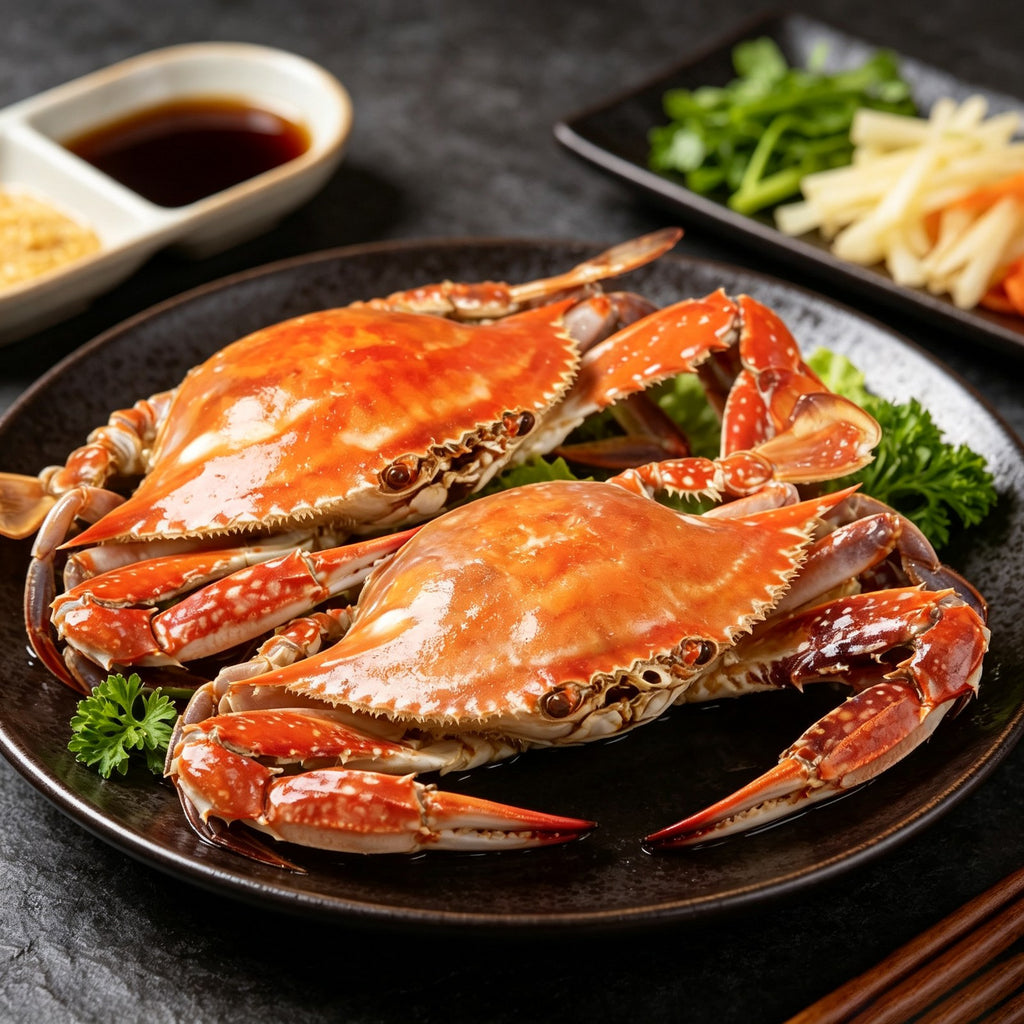 Two cooked swimming crabs on a dark plate with ginger and spring onion