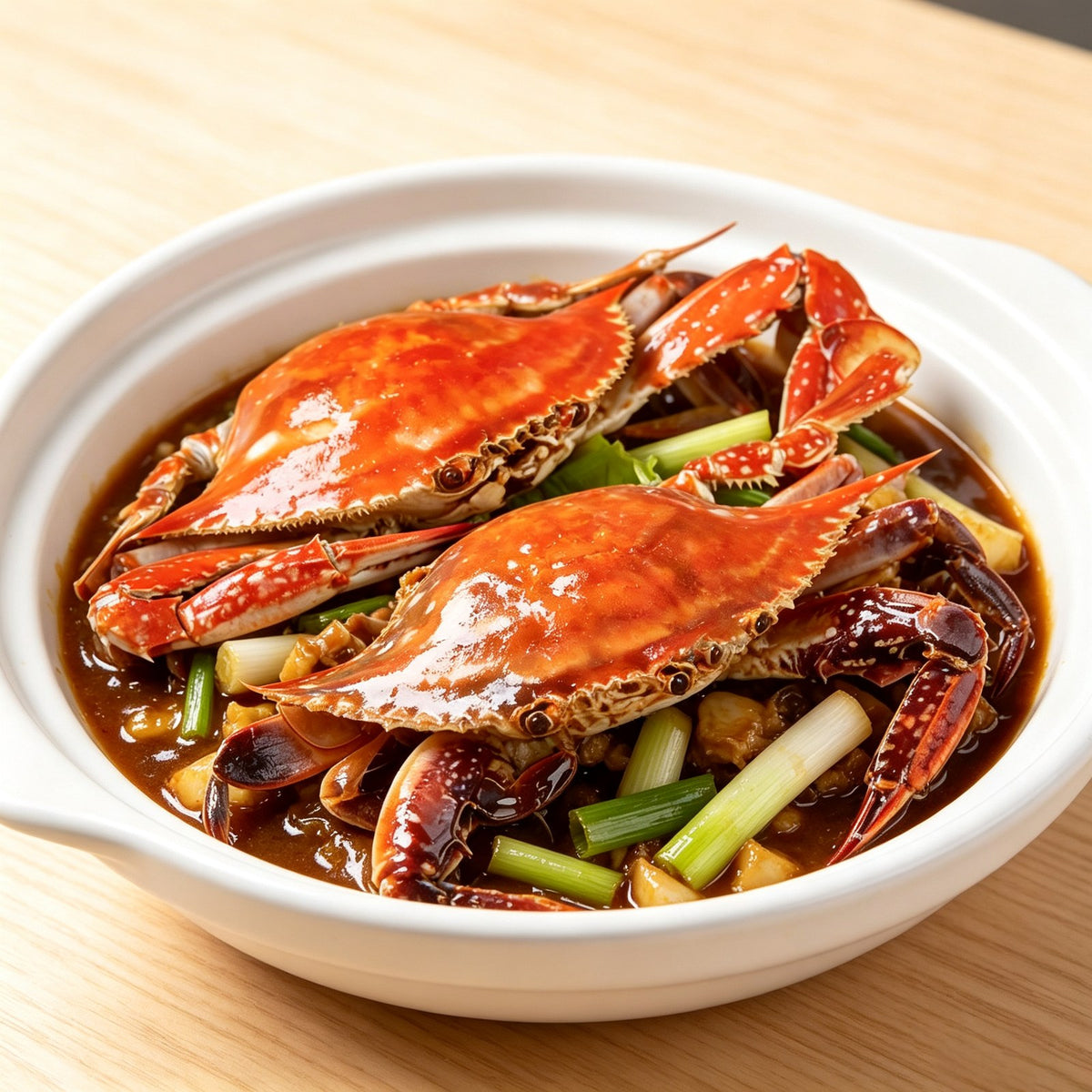 Wok-braised swimming crab sections in a white bowl