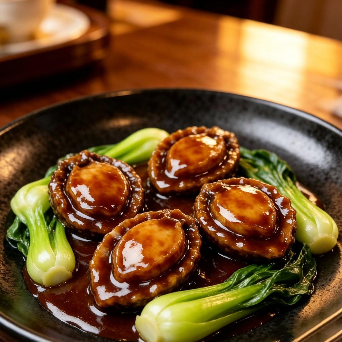 Braised abalone in glossy dark sauce with bok choy on a black plate