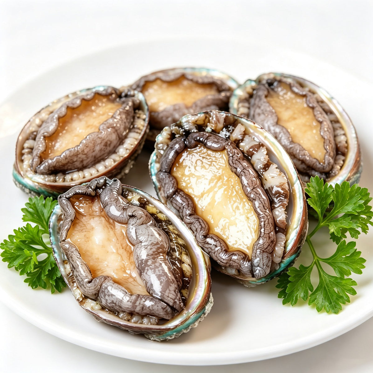Six whole abalone arranged on a white platter with parsley