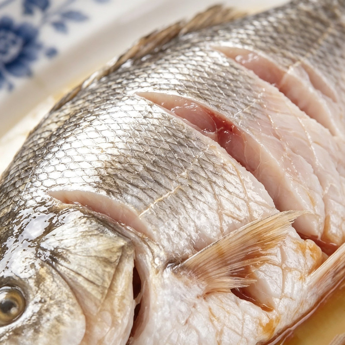 Close view of a whole sea bass with silver scales and scored flank