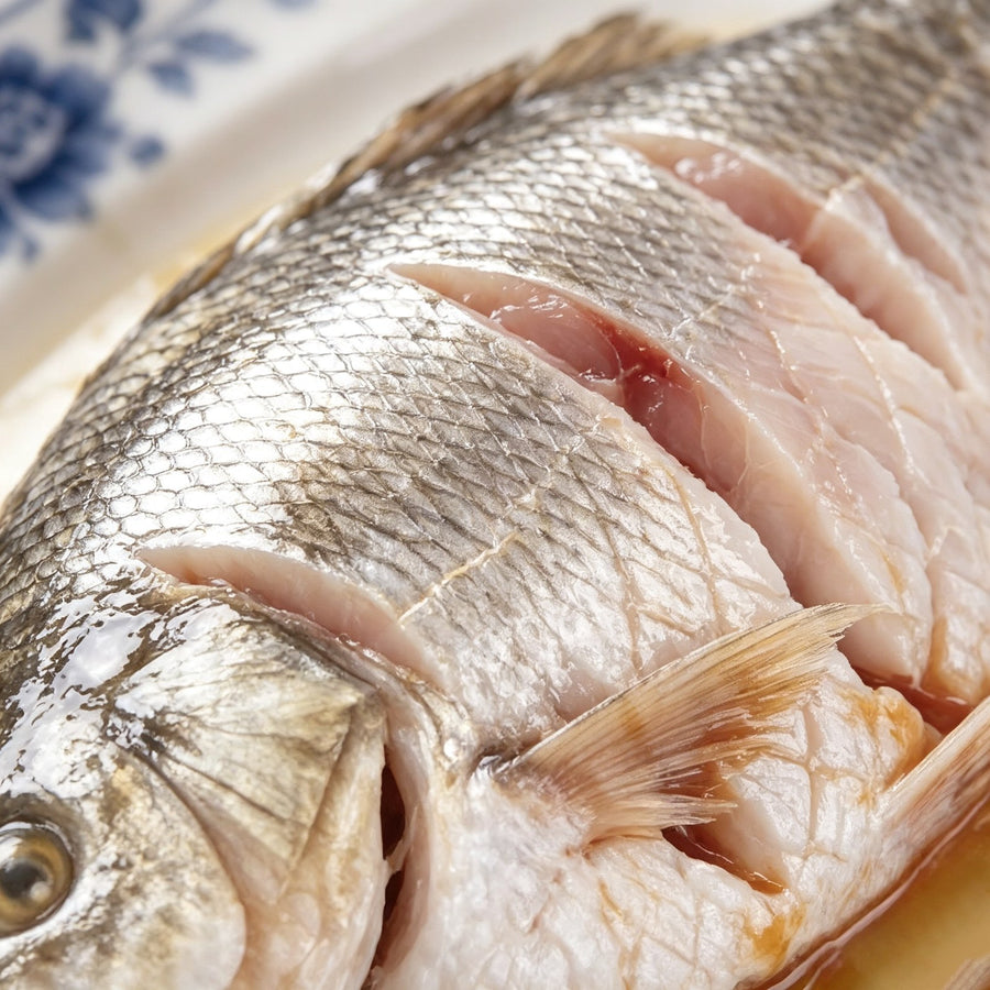 Close view of a whole sea bass with silver scales and scored flank
