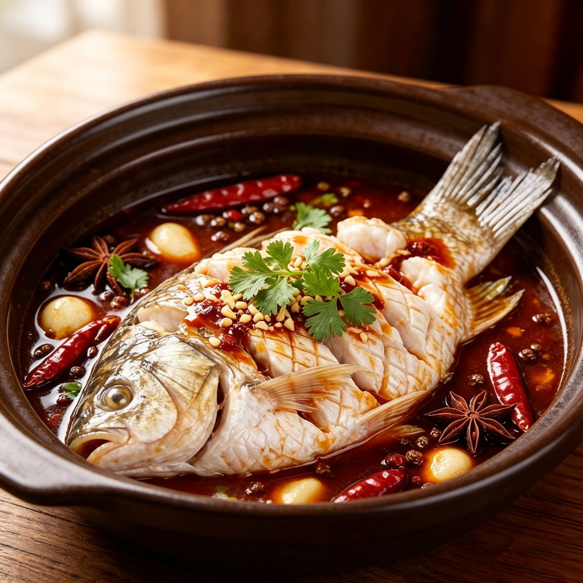 Spicy clay pot sea bass with chilli and coriander
