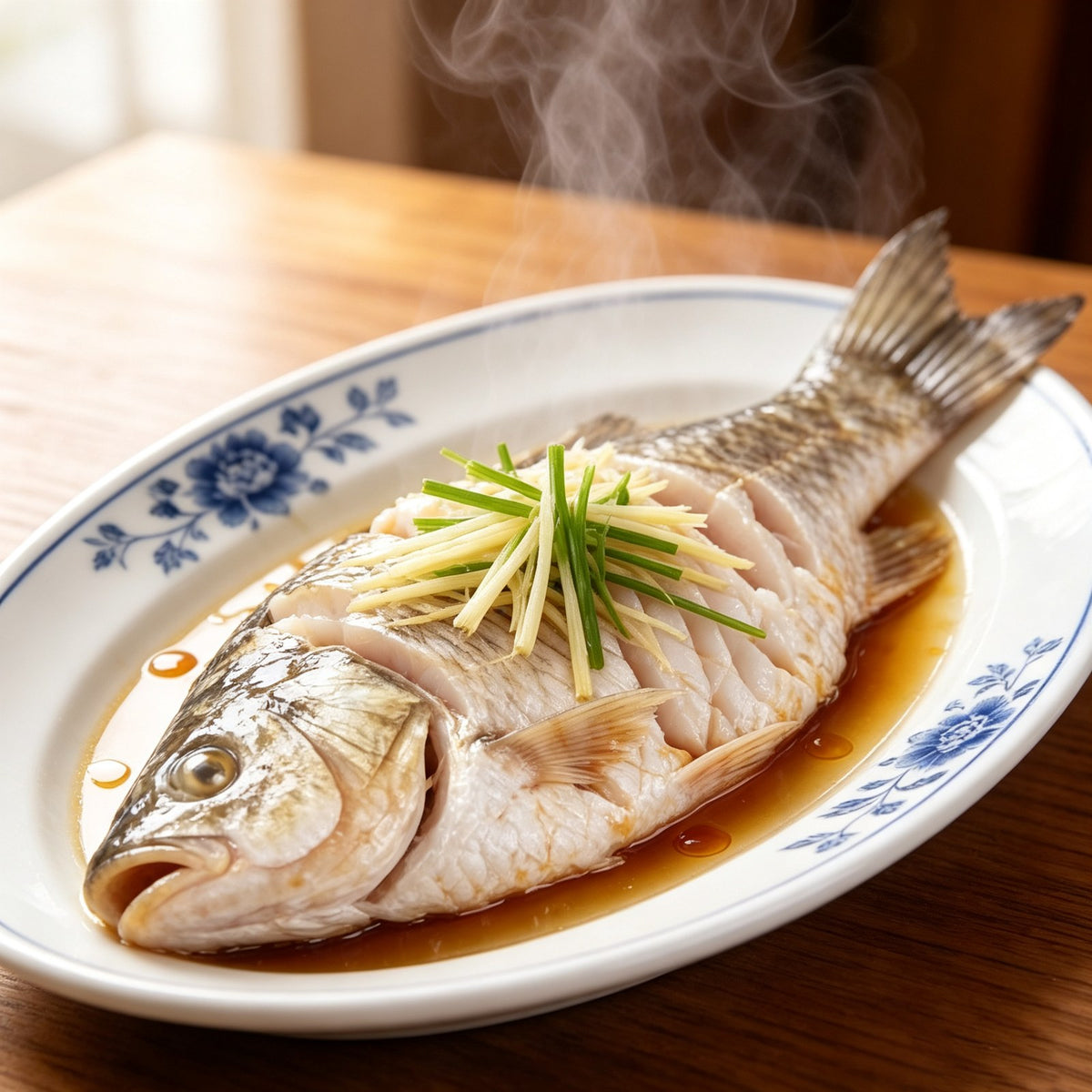 Steamed whole sea bass dressed with spring onion on a blue patterned plate